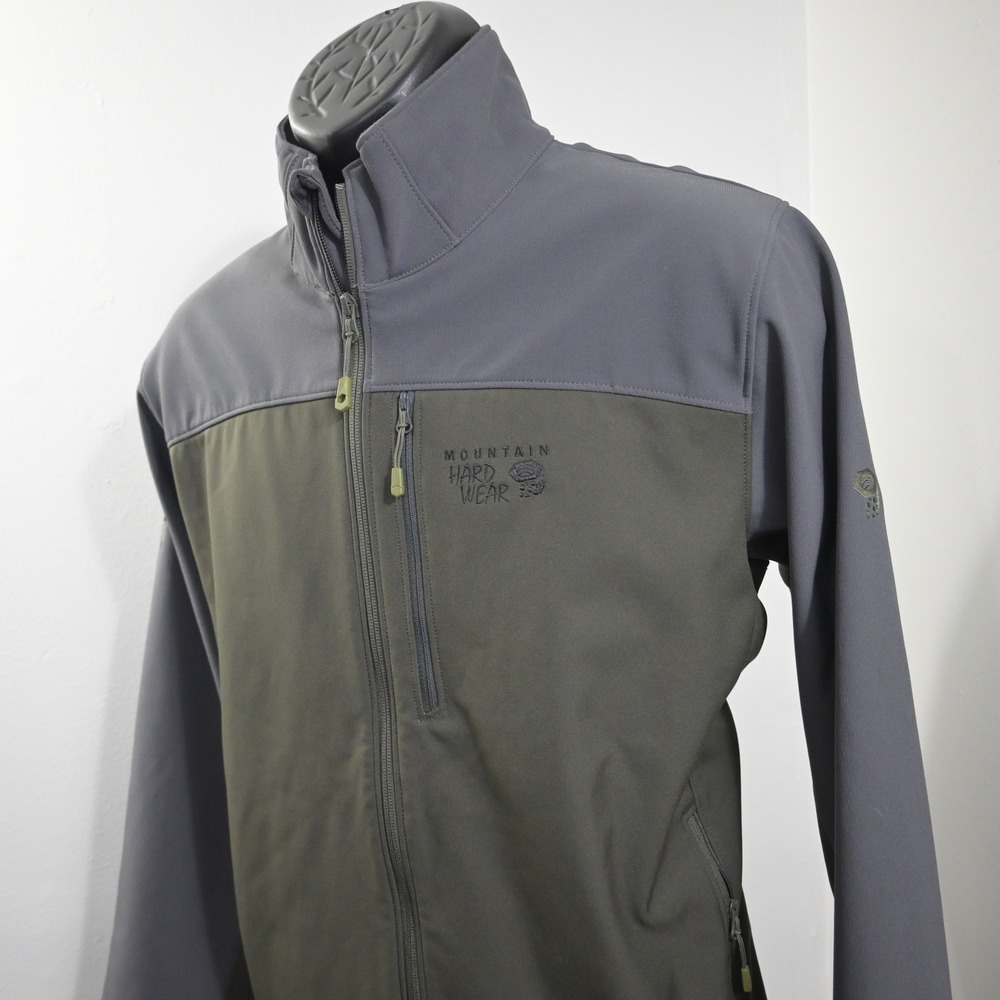 Mountain Hardwear Softshell Jacket Mens Large Gray Green Full Zip Mock Neck Logo